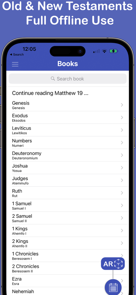 Mobile app screen displaying a list of Bible books in English and Twi