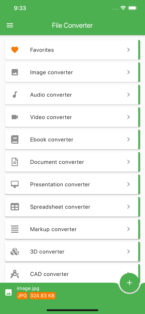 The main menu of the File Converter mobile app showing a list of conversion tools for images audio video and documents