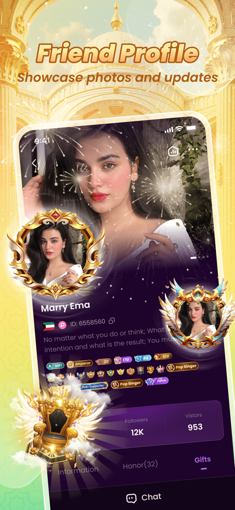 HoKi-Linking Happiness - Un écran de profil d'utilisateur dans l'application HoKi affichant des photos, des badges de statut et des statistiques sociales