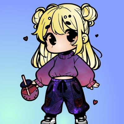 cute manga girl in a sweater and baggy pants with boba