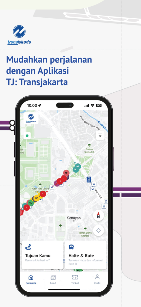 TJ:Transjakarta - TJ Transjakarta app interface showing a real-time transit map with bus locations and navigation options