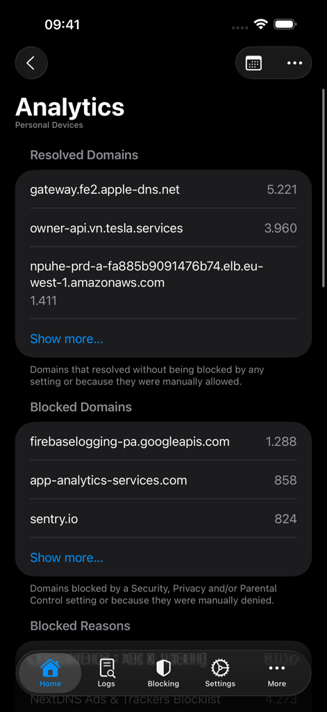 NextDNS Remote - NextDNS Remote analytics dashboard showing lists of resolved and blocked domains
