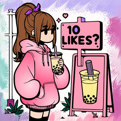 girl with oversized hoodie drinking boba and she has a high ponytail with a sign that says 10likes?