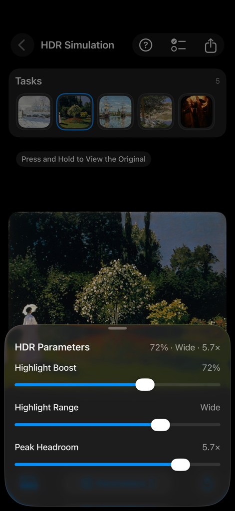 HDR Transformerアプリのインターフェース。シミュレーションパラメータとハイライトブーストスライダーが表示されています。