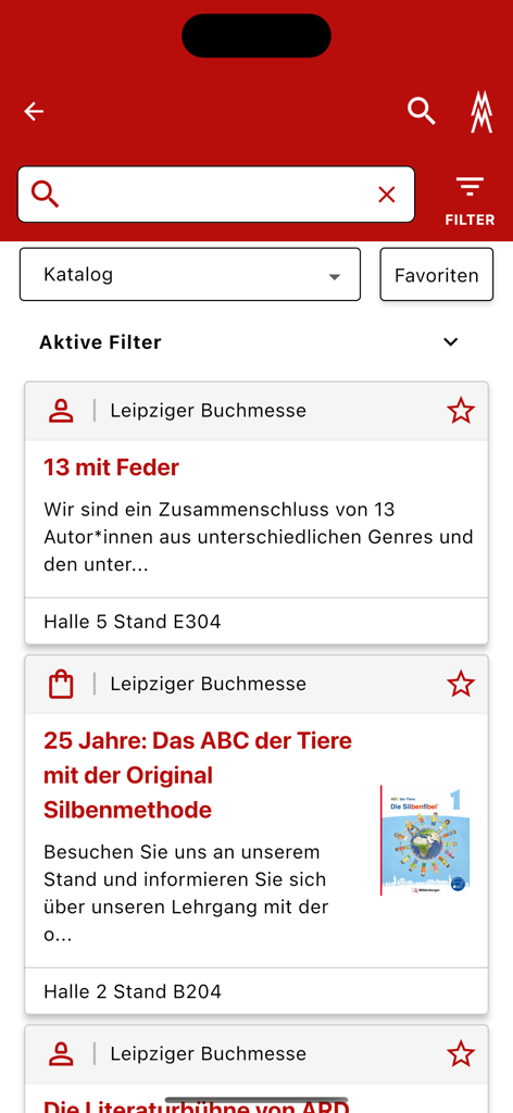 Mobile interface of the Leipzig Book Fair app displaying a searchable list of exhibitors and their booth locations.