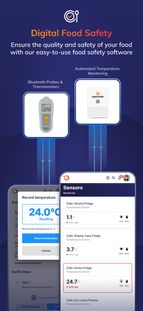 Operandio - Interface showing digital food safety features including automated temperature monitoring for fridges and bluetooth probes connection.