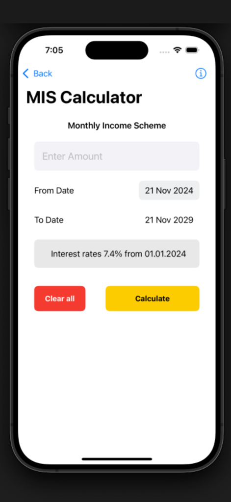 PO Interest Calculator - MIS Monthly Income Scheme interest calculator interface for Indian Post Office savings