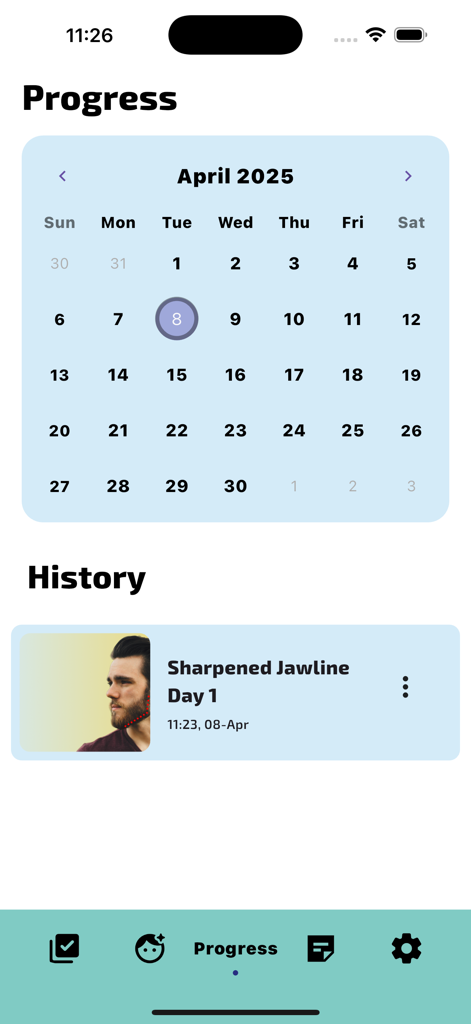 Écran de suivi des progrès de l'application Exercice de la mâchoire montrant un calendrier et l'historique des entraînements