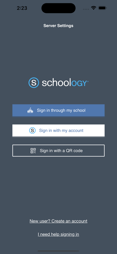 Schoology app login screen with options to sign in through school account or QR code