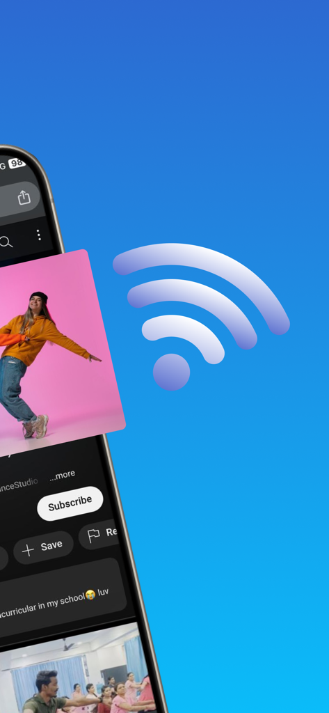 Un iPhone che visualizza un video accanto a una grande icona di segnale wireless che rappresenta la connettività di mirroring dello schermo