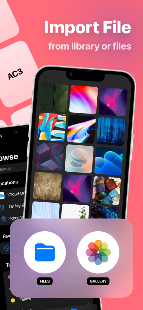 Schermata dello smartphone che mostra l'app Audio Converter con opzioni per importare file dalla galleria o dalla libreria file