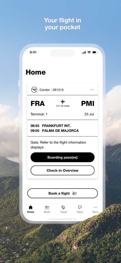 Schermata principale dell'app Condor Airlines che mostra i dettagli dell'itinerario di volo e i pulsanti della carta d'imbarco.