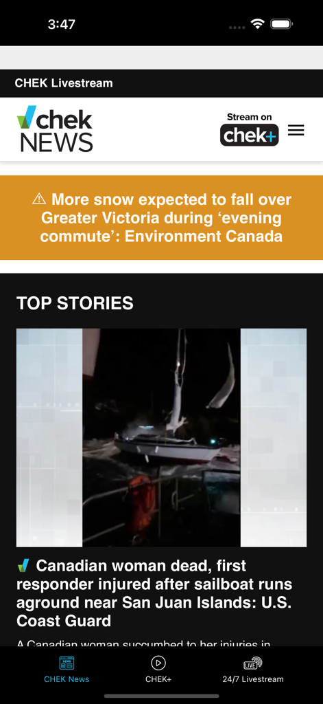 CHEK Mobile - Pantalla principal de la aplicación de noticias CHEK Mobile con las principales noticias locales y alertas meteorológicas