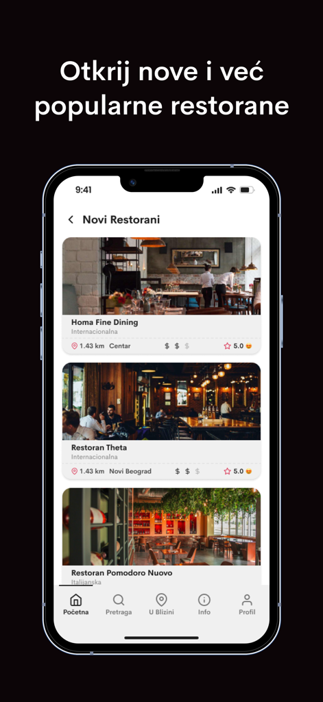 TableStar - Une interface mobile pour TableStar affichant une liste organisée de restaurants nouveaux et populaires avec des notes et des distances.