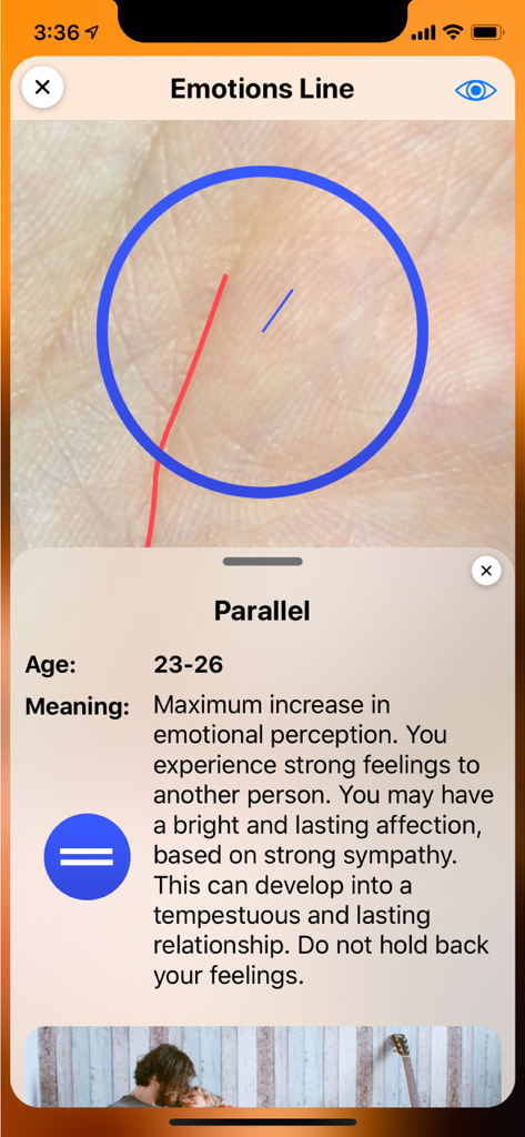 Palmist - A screenshot of the Palmist app showing an AI palm reading analysis of the emotions line for relationship insights.