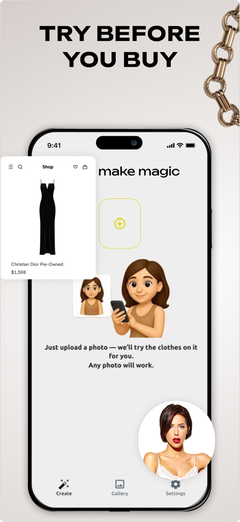 Fitly: Outfit Creator - Pantalla de la aplicación Fitly que muestra la función de prueba antes de comprar con una interfaz de vestidor virtual