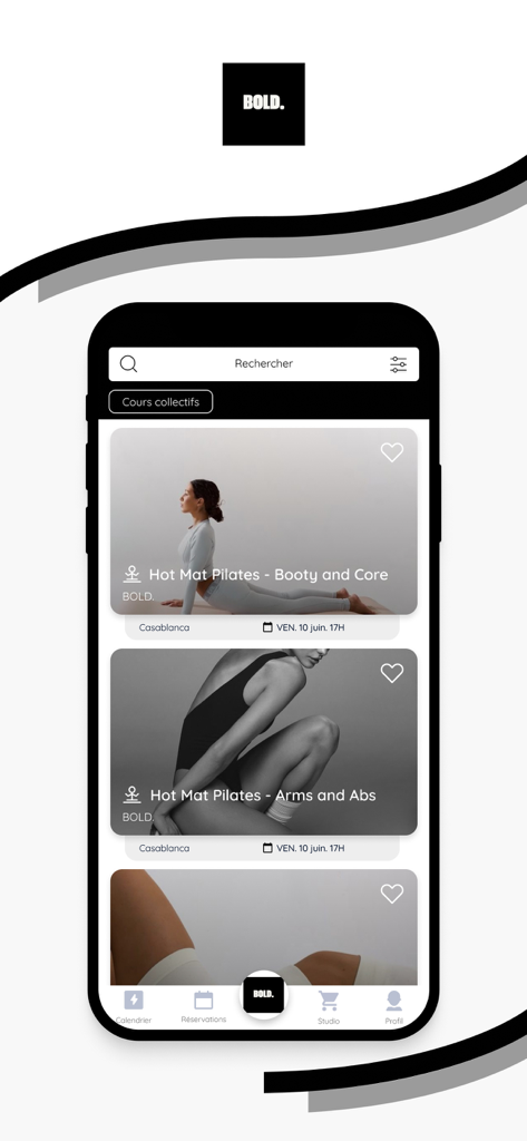 BOLD. - Interfaz de la app BOLD mostrando clases grupales de Pilates y opciones de programación