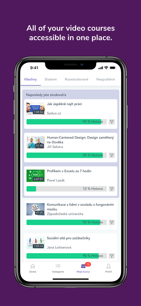 Seduo - Seduo mobile app interface displaying a list of video courses and user progress