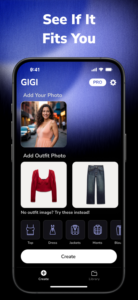 AI Virtual Try On - GIGI - The user interface of the GIGI AI Virtual Try On app featuring photo upload options for both the user and clothing items.