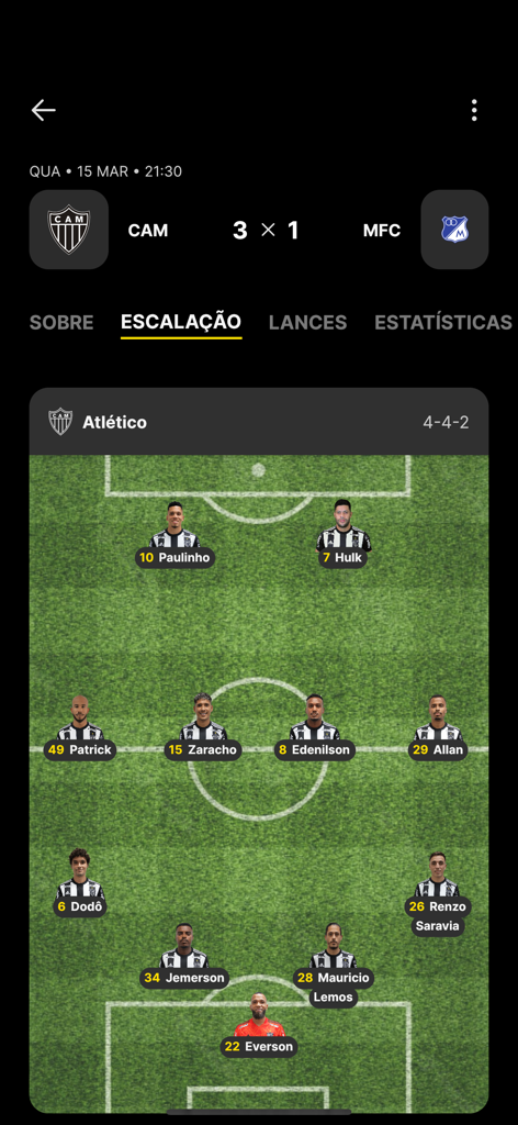 Super App do Galo - Super App do Galoのサッカーラインナップ画面にチームフォーメーションと試合結果が表示されています