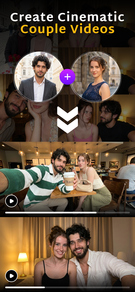 AI Couple Photo: Video Rizz AI - Interface showing how to create cinematic couple videos from two separate photos using AI
