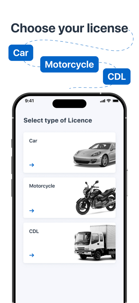 DMV WRITTEN TEST - Interface for selecting car, motorcycle, or CDL license types in the DMV Written Test app.