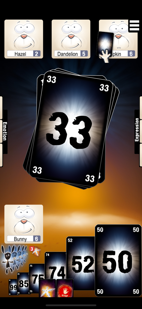 Captura de pantalla del juego de The Mind que muestra avatares de jugadores y cartas numeradas en una interfaz cooperativa