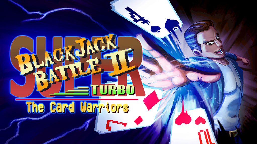 Artwork promozionale per Super Blackjack Battle 2 Turbo Edition con un personaggio di gioco di combattimento che lancia carte da gioco con energia blu elettrica