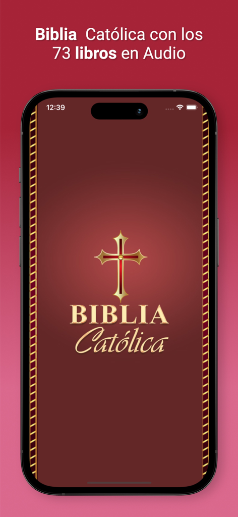 La Biblia Católica - Splash screen of the La Biblia Catolica app with a golden cross on a red background