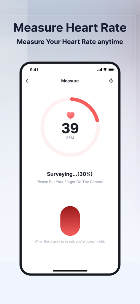 39 BPMの測定値が表示された、進行中の心拍数測定値を示すモバイルアプリのインターフェイス