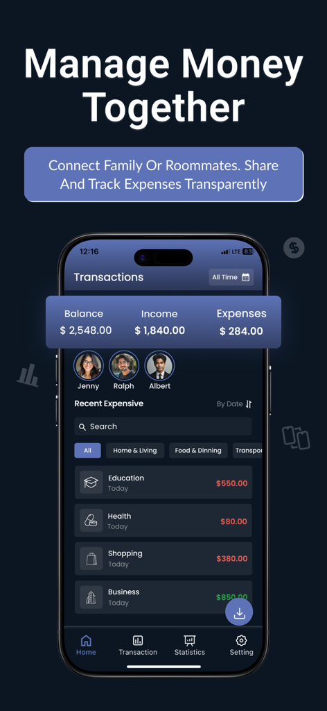 Interface do aplicativo Spend Smart mostrando orçamentação de grupo compartilhada e rastreamento de despesas para famílias ou colegas de casa.