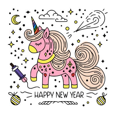 happy new year illustration calligraphic style outline; thin lines; light colors