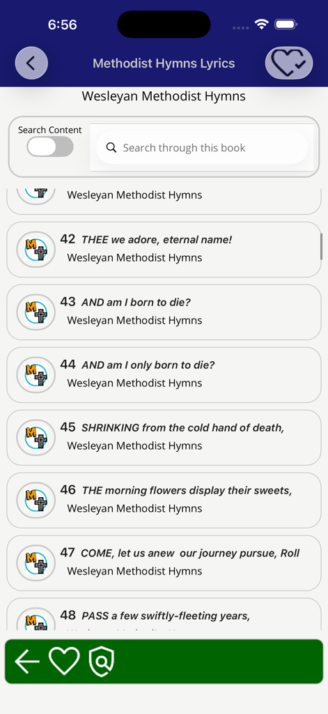 Searchable list of Wesleyan Methodist hymns with song titles and numbers