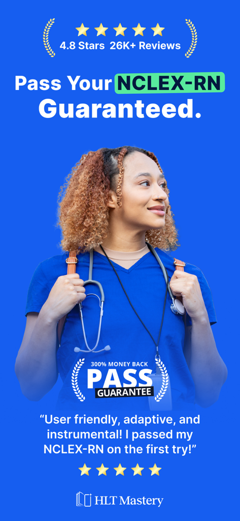 NCLEX RN Mastery Exam - 2026 - A nursing student in blue scrubs with a pass guarantee badge and high app ratings for NCLEX exam preparation.