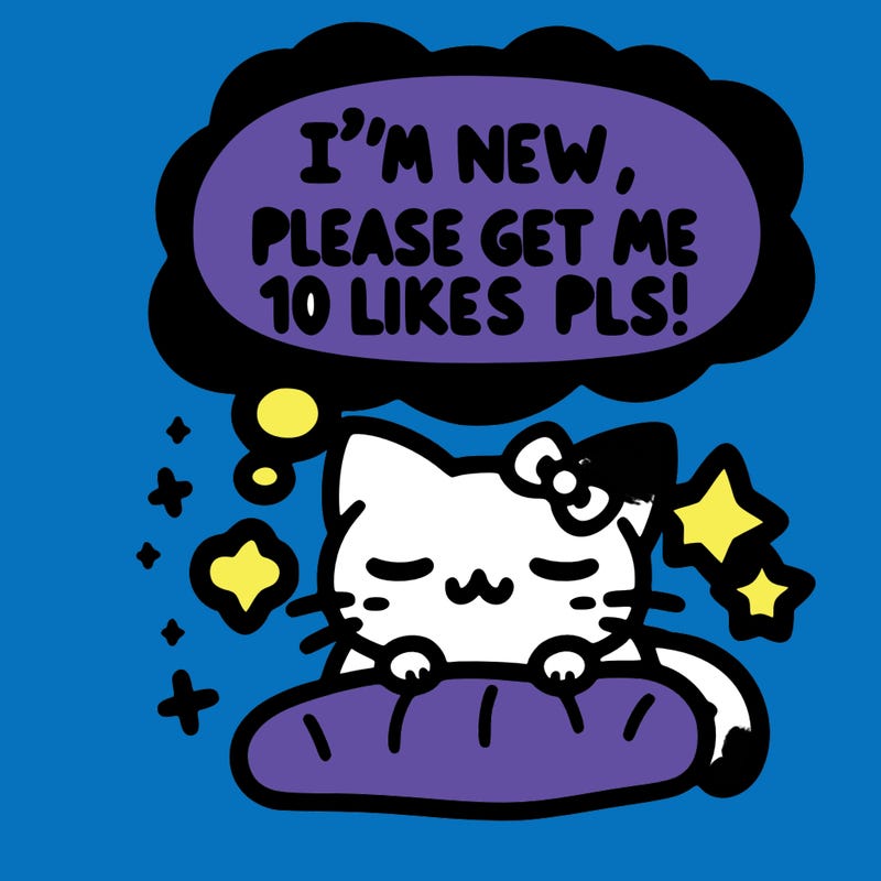 kitty taking a nap dream talking and saying "i'm new, please get me at least 10 likes pls!!"