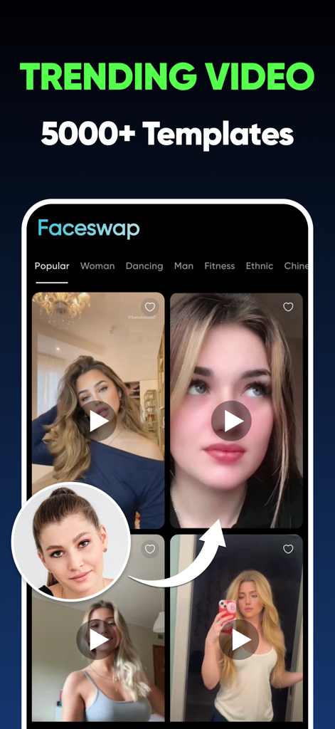uSwap: AI Face Swap & Lipsync - uSwap mobile app screen featuring over 5000 trending AI face swap video templates