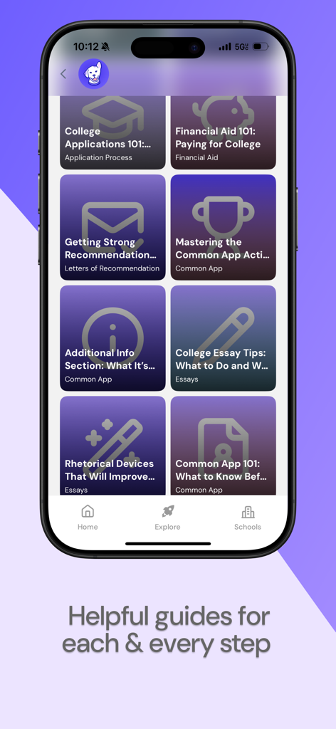 Loper app screen showing bite-sized guides for college applications and financial aid