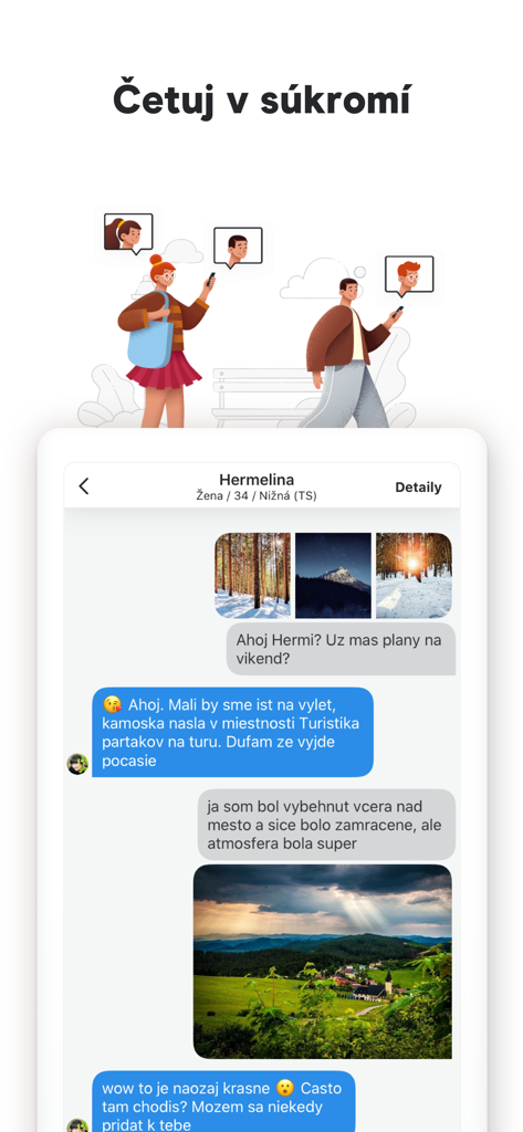 A mobile app screen showing a private chat conversation with photos on Pokec sk