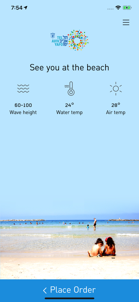 חופי תל אביב-יפו - Beach Tel Aviv Yafo app displaying wave height water temperature and air temperature