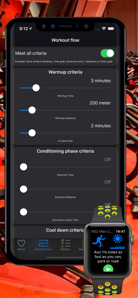 Cardio Zones app showing workout flow settings on an iPhone and a VO2 max test on an Apple Watch.