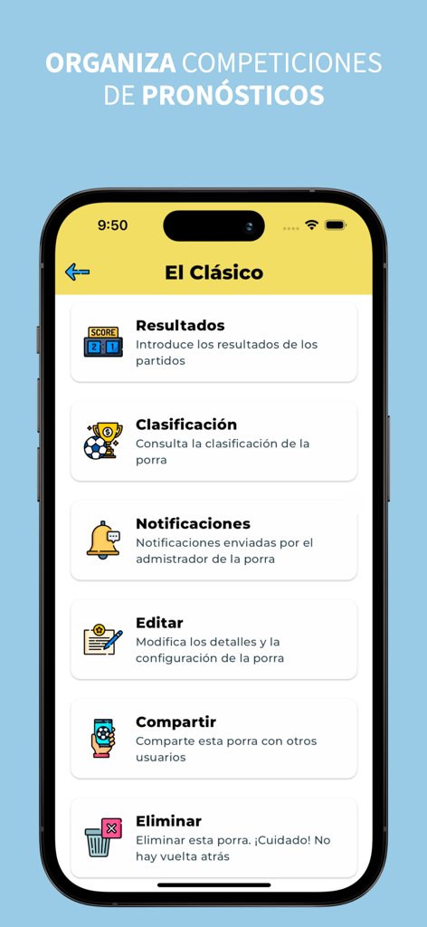 Porra - Pantalla móvil de la app Porra que muestra opciones de menú para gestionar una competencia de predicción deportiva, incluyendo resultados y clasificaciones
