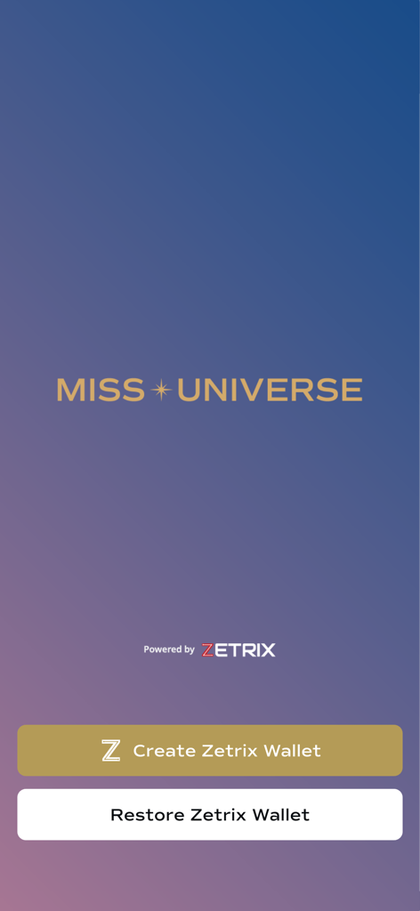 Miss Universe app splash screen with options to create or restore a Zetrix wallet
