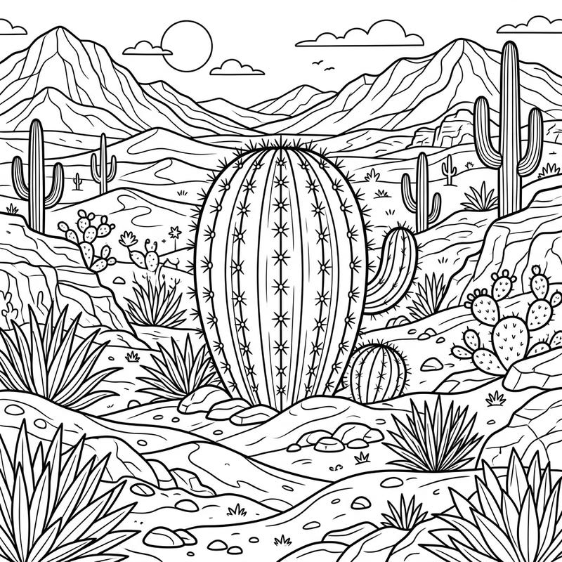 Journey into the heart of the desert with this intricate barrel cactus full-scene coloring page. Discover a rich landscape filled with various cacti, arid plants, and rocky formations, ready for your creative touch.