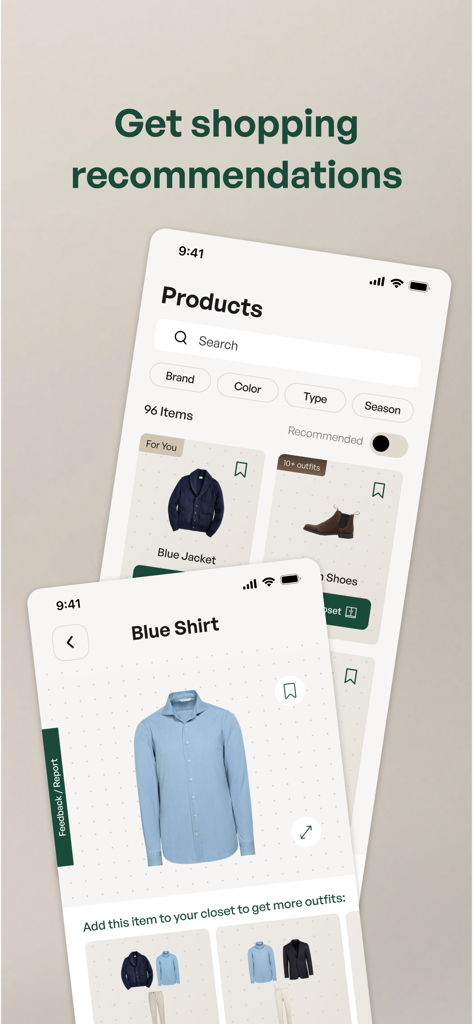 Vestio - Pantalla de la aplicación móvil Vestio que muestra recomendaciones de compras personalizadas y sugerencias de atuendos para un armario cápsula
