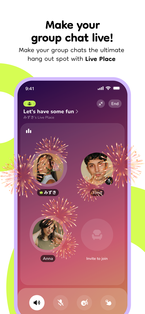 buz - voice connects - Interfaz de la aplicación Buz que muestra la función de Lugar en Vivo para pasar el rato social en grupo con círculos de perfiles de usuario y efectos de fuegos artificiales
