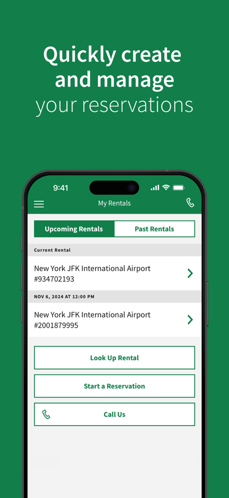 Enterprise Rent-A-Car - A mobile interface showing the My Rentals screen within the Enterprise Rent-A-Car app with options to view upcoming and past reservations.
