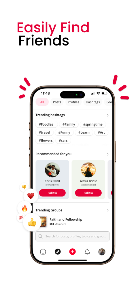 The Parler app discovery screen showing trending hashtags and recommended user profiles to follow