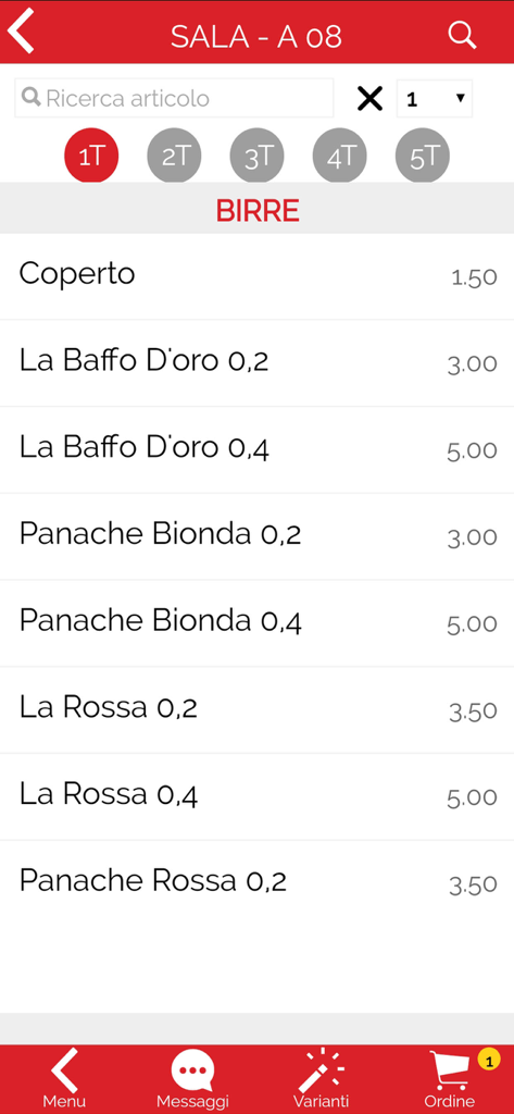 NetFood Order - Mobile beer menu interface for restaurant staff with pricing and table selection