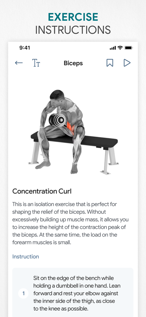 Detailed exercise instructions for biceps concentration curl with 3D animation.
