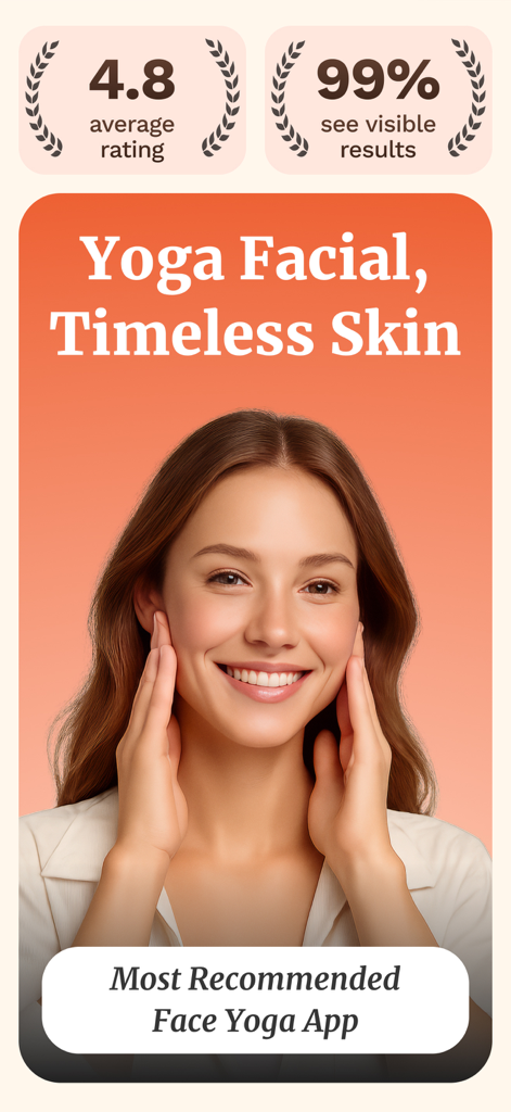 Yoga Facial Face Yoga Exercise - Promotional screen for the Yoga Facial app showing a smiling woman with clear skin and high user ratings